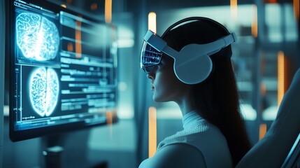 Woman in VR Headset Engaged with Brain Scan Data Display