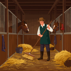 Man Sweeping Hay in Stable with Horses Looking Out From Stalls