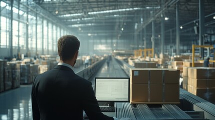 Businessman Analyzing Shipment Data in Modern Warehouse Environment