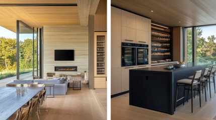 Fototapeta premium Custom-built storage wall with concealed cabinets in a contemporary home.
