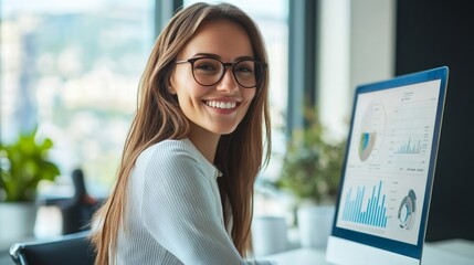 Young Woman Smiling While Working on Computer in Modern Office