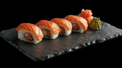 Salmon sushi, slate, dark, menu, food