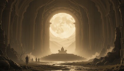 Mysterious gathering of wanderers ancient cave temple digital art eerie landscape low angle exploration of mysticism