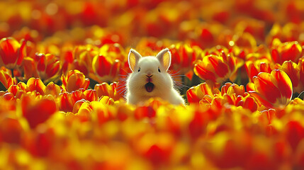 White bunny in orange tulip field, spring scene