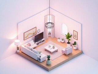 Generative A.I. designs a cozy, modern living room in pastel pink tones, featuring stylish furniture, warm lighting, lush green plants, and elegant decor, creating a peaceful and inviting ambiance