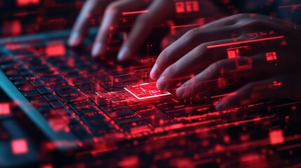 Abstract Digital Interface with Hands Typing on Keyboard in Red Light