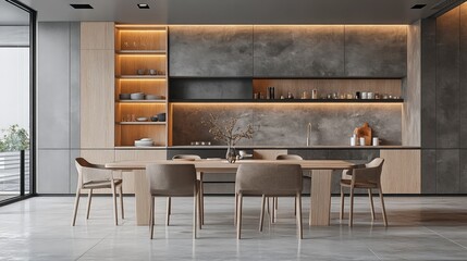 Elegant dining area featuring light wood chairs and a simple, open design.