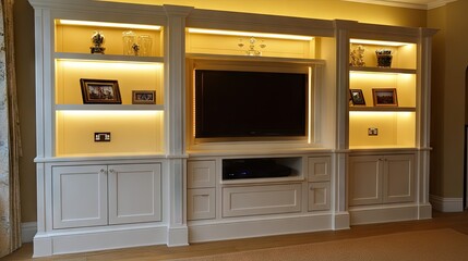 Elegant freestanding entertainment unit with built-in lighting.