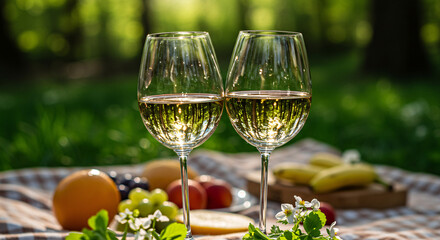 Picnic in the spring forest, Elegant glasses of white wine with fruit on a picnic blanket in the sunlight