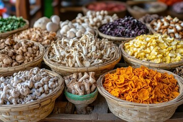Various dried mushrooms and other fungi in baskets at a market. Shows diverse Asian food market produce for sale, ideal for culinary or travel themes.