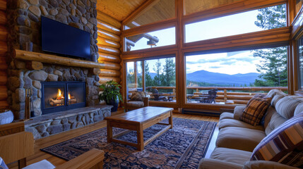 Fototapeta premium Cozy log cabin living room with fireplace and mountain view. Relaxing atmosphere