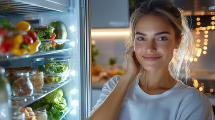 Inspiration in the Kitchen. A wide-angle shot of the woman stepping away from the fridge, deep in thought, planning her next creative and healthy dish.