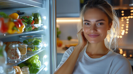 Inspiration in the Kitchen. A wide-angle shot of the woman stepping away from the fridge, deep in thought, planning her next creative and healthy dish. 