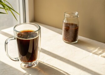 Cold Brew Coffee Mug, Eco-Friendly Glass, Sustainable Drinkware, Flat Lay Photography, Diagonal Composition