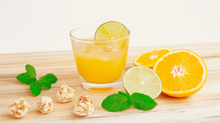 Fototapeta premium Refreshing citrus cocktail with fresh oranges and mint, embodying the art of creative and healthy beverage mixing.