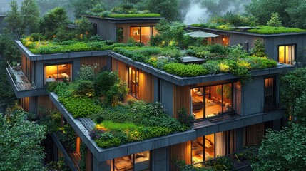 Fototapeta premium Eco-friendly apartment complex with lush green roofs at night.
