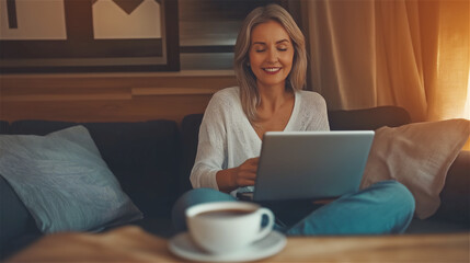 Fototapeta premium Happy woman using laptop while relaxing on couch with coffee cup. Remote work from home concept featuring comfortable casual lifestyle in cozy living room with natural window light.