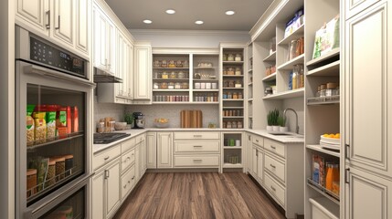 Floor-to-ceiling built-in kitchen storage with a mix of closed and open shelving.