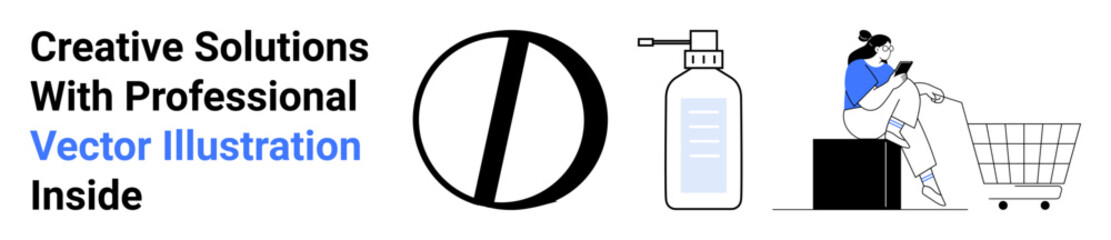 Woman sitting near shopping cart using phone alongside abstract elements thumbs up sanitizer bottle and geometric shapes. Ideal for e-commerce, health, innovation, technology, minimalism, shopping