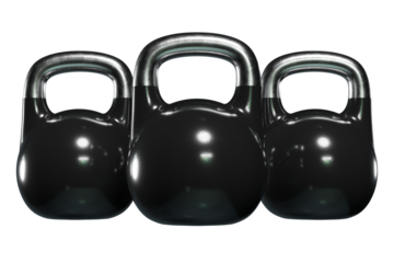 Set of different Olympic kettlebells, blank heavy cast iron powerlifting equipment, painted black, isolated on white background. 3D illustration