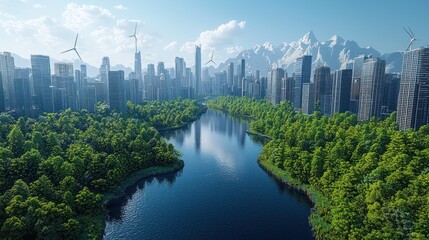 Fototapeta premium Eco-friendly city skyline with river, lush green park, and wind turbines.