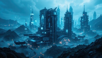 Naklejka premium Futuristic cityscape exploration cyberpunk environment digital art urban landscape aerial view innovation theme