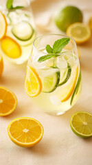 Fresh homemade lemonade with citrus slices in glass pitcher and surrounding fruits. Summer refreshing drink concept with lemons, limes, mint, and ice against light rustic background with copy space.