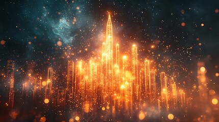 Fototapeta premium A dynamic upward financial graph shaped like a rocket, golden coins streaming downward as radiant exhaust, glowing atmospheric effects, set against a celestial background of stars and galaxies,