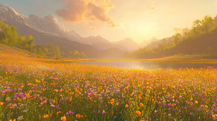 Obraz premium Serene Sunset: Breathtaking Wildflower Meadow & Mountain Lake