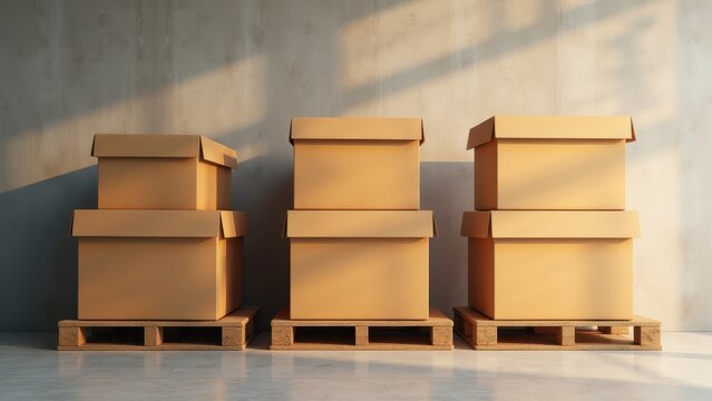 Three palletised boxes are stacked on wooden pallets against a concrete wall, illuminated by sunlight.