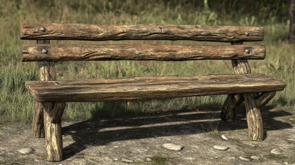 Freestanding rustic wooden bench with a sturdy frame.
