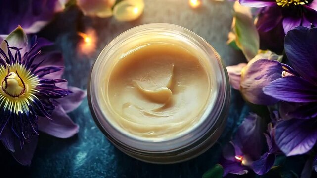 A close-up shot of a luxurious beauty cream in a clear jar, surrounded by delicate purple passion flowers and soft petals. The smooth texture of the cream reflects the natural, calming essence  