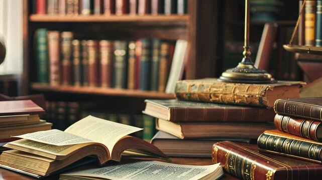 Juristische B&uuml;cher gestapelt auf einem Schreibtisch