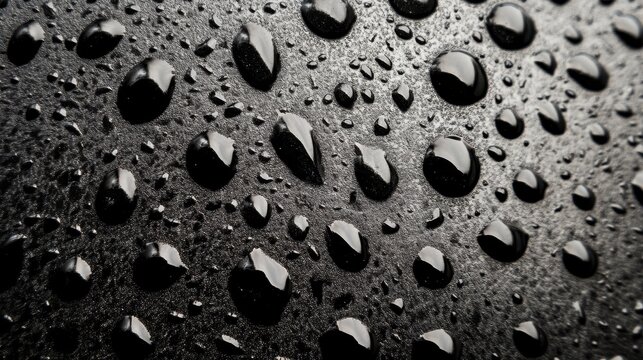 Close-Up of Water Droplets on Dark Surface with Reflections