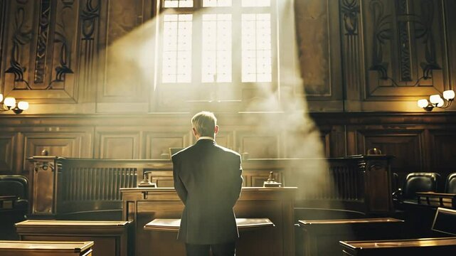Mann steht im Licht eines alten Gerichtssaals