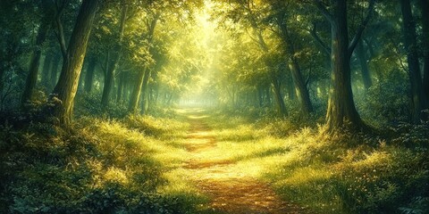 Obraz premium Sun-dappled path meanders through emerald woods, where golden light filters through leaves, casting a warm, inviting glow on the verdant trail. Dew-kissed foliage and whispering trees enhance the magi