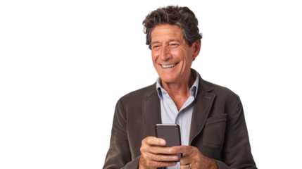 Smiling senior manager using smartphone on transparent background