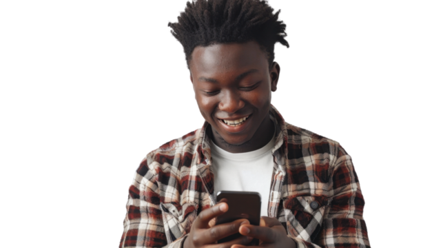 Happy student using smartphone on transparent background