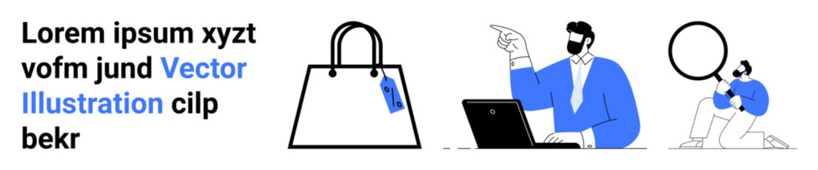 Businessman pointing at a laptop screen, large shopping bag with a tag, person examining with magnifying glass. Ideal for e-commerce, retail, online shopping, data analysis, product promotion