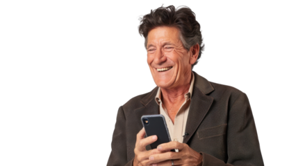 Cheerful senior businessman enjoying funny content on smartphone, transparent background