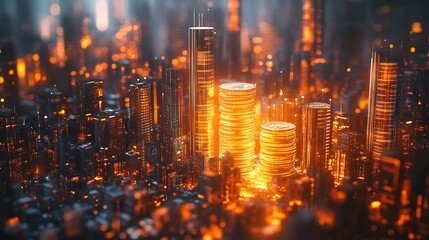 A futuristic financial bar chart glowing brightly, each bar accompanied by ascending stacks of golden coins, surrounded by dynamic light effects and a high-tech background, ultra-realistic,