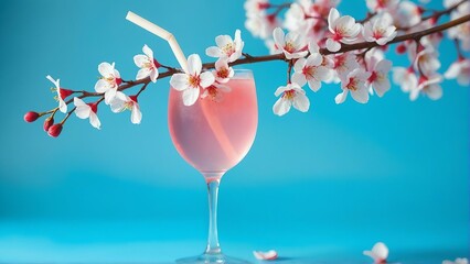 Generative A.I. creates a surreal cocktail scene with a pink drink, cherry blossoms, and a blue backdrop, blending elegance and creativity in a dreamy, refreshing composition