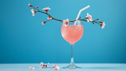 Generative A.I. creates a surreal cocktail scene with a pink drink, cherry blossoms, and a blue backdrop, blending elegance and creativity in a dreamy, refreshing composition