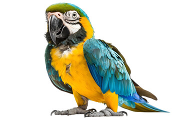 Blue and Yellow Macaw Standing on Transparent Background with Detailed Feathers and Vibrant Colors in a Studio Shot