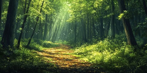 Obraz premium Sunlight filters through lush trees in a digital forest, casting an ethereal glow on the vibrant undergrowth below, with detailed foliage and dappled light painting a serene scene