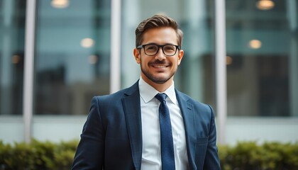 Fototapeta premium Confident Businessman: A dapper man, radiating success and professional poise, poses in front of modern architecture, ready to impress and inspire with his vibrant presence.