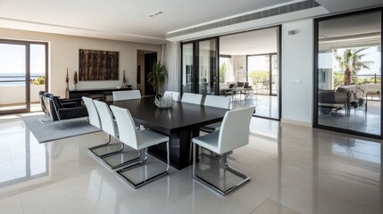 Fototapeta premium Monochrome-inspired modern dining room with a black table and white chairs.