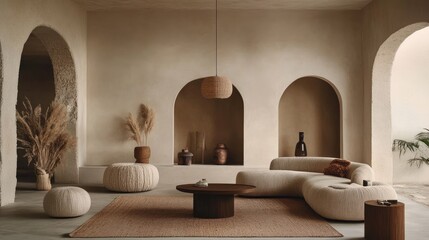 Muted-toned minimalist living room with a blend of brown, beige, and gray.