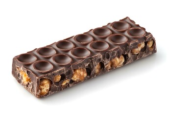 Dark Chocolate Bar with Caramel and Nuts on White Background