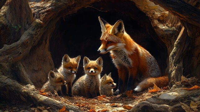 A caring fox mother nurturing her playful cubs in their cozy underground den